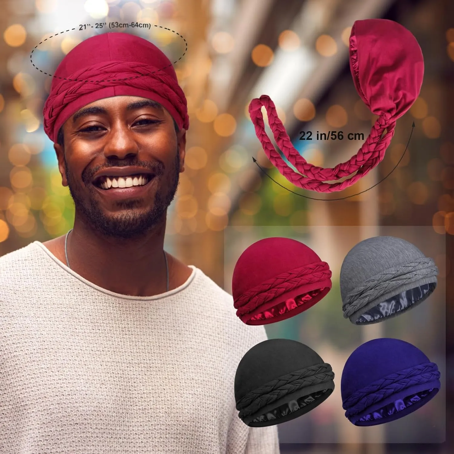 4 Pcs Satin Lined Turban Head Wraps for Men, Halo Turban Head Scarf for Hair