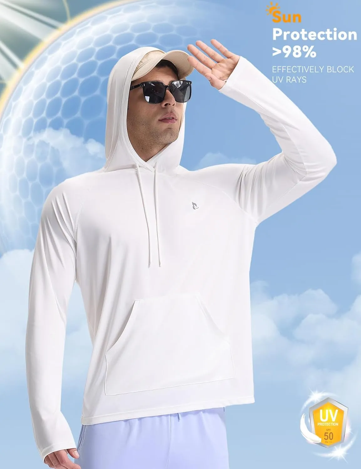 baleaf Men's Rash Guard with Kangaroo Pocket UPF 50  Swim Shirts Long Sleeve Water Sun Protection Hoodie Swimsuit
