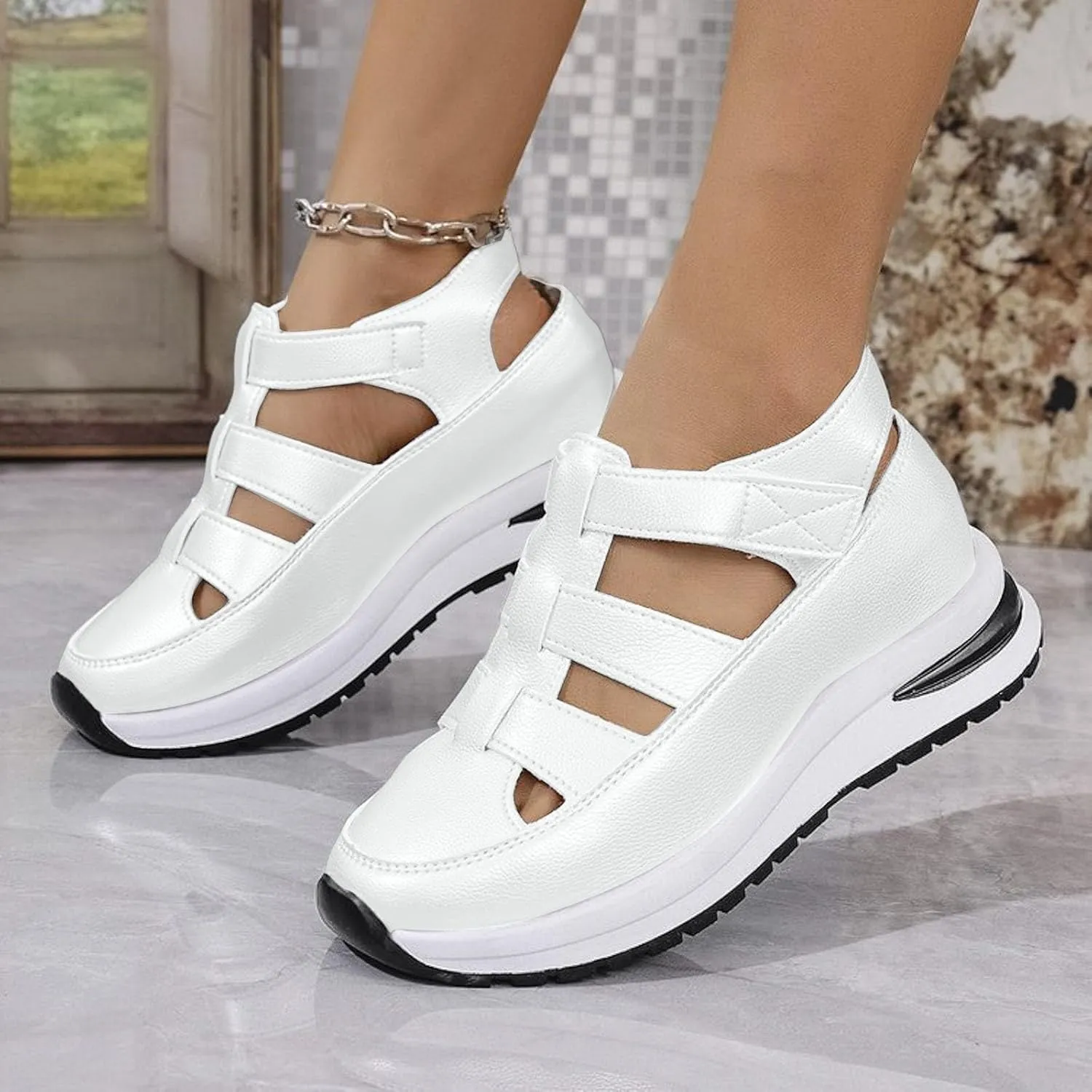 Bootara Shoes, Women's Plus Size Hollow-Out Casual Sandals, Closed Toe Platform Sandals Height-Boosting Thick Sole