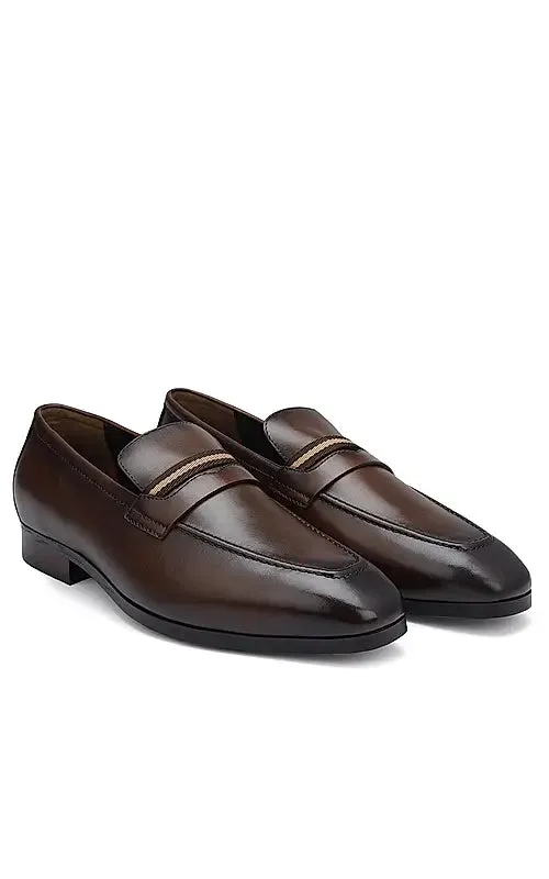 Coffee Striped Leather Loafers