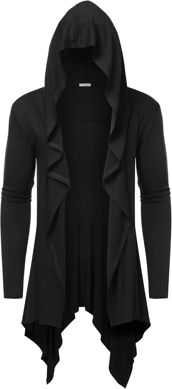 COOFANDY Long Hooded Cardigan Ruffle Shawl Collar Open Front Lightweight Drape Cape Overcoat with Pockets