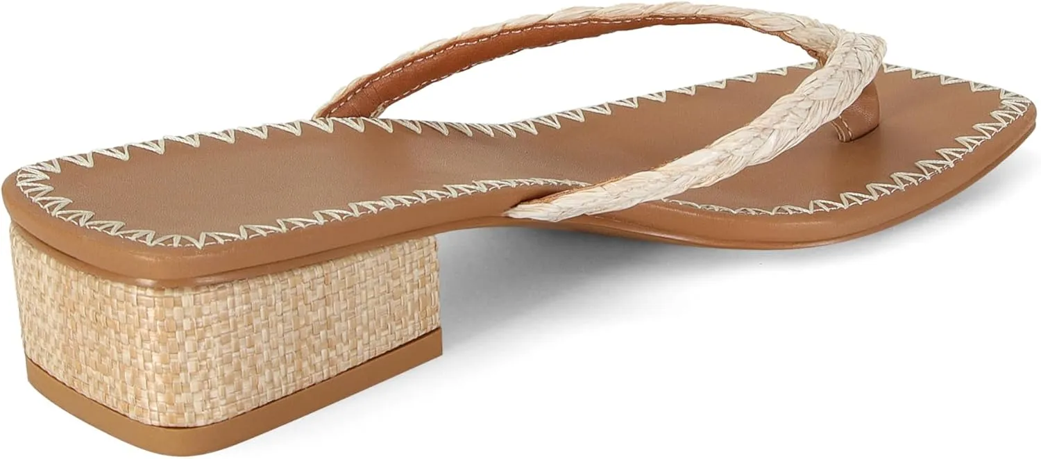 DOEYG Raffia Heels Sandals for Women Summer Beach Flip Flops Square Open Toe Flat Heeled Sandals Dressy Comfortable Slip on Thong Sandals