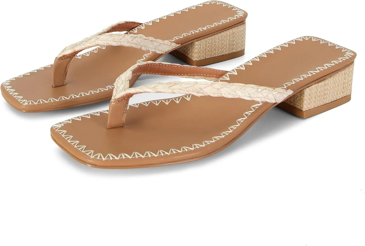 DOEYG Raffia Heels Sandals for Women Summer Beach Flip Flops Square Open Toe Flat Heeled Sandals Dressy Comfortable Slip on Thong Sandals