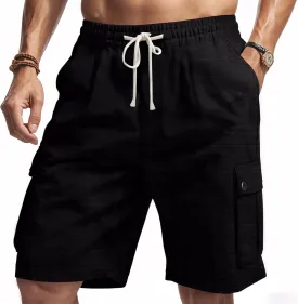 Linen Cargo Pants for Men 2025 Summer Casual Drawstring Elastic Waist Shorts Loose Fit Bermuda Shorts