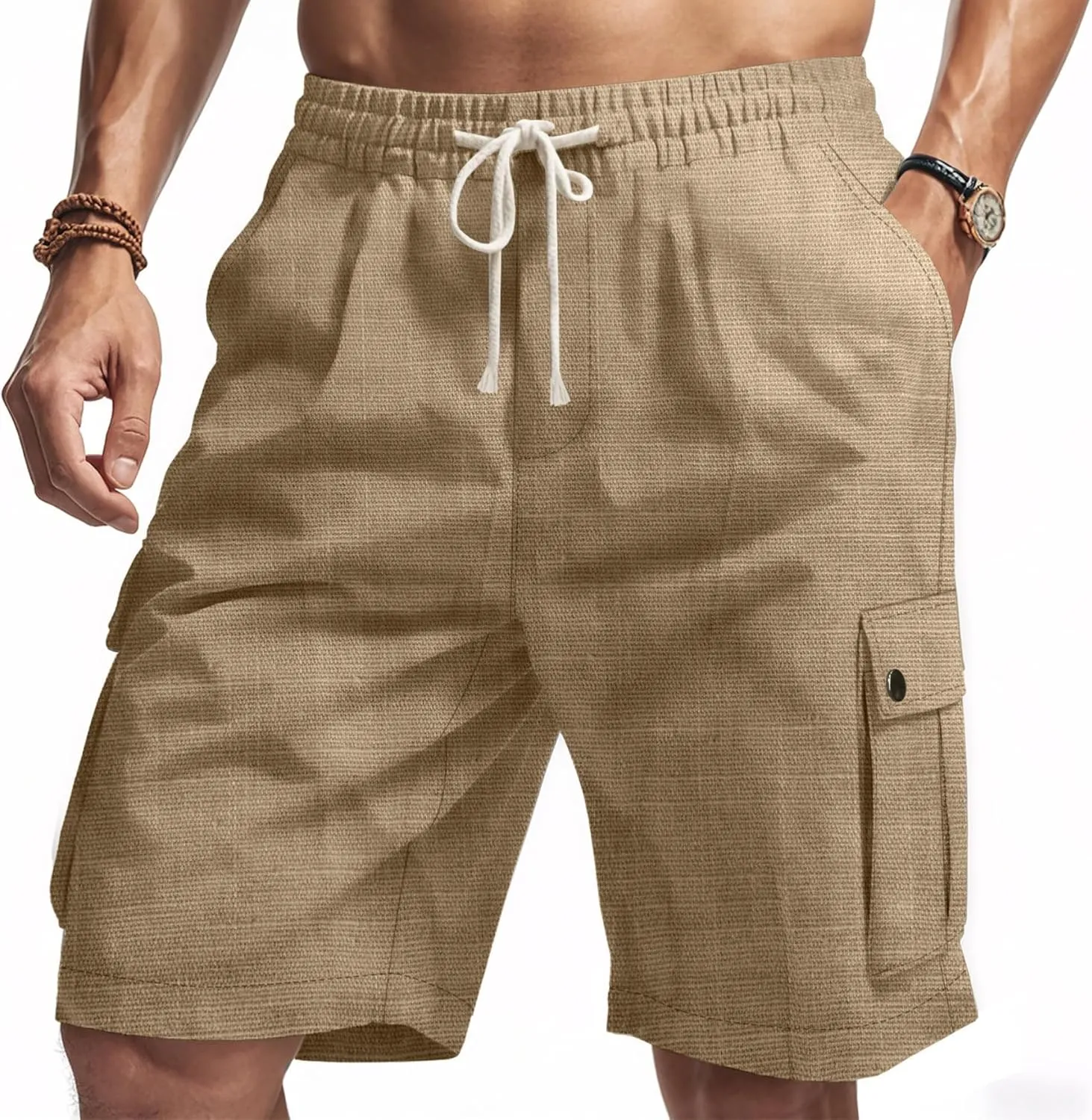 Linen Cargo Pants for Men 2025 Summer Casual Drawstring Elastic Waist Shorts Loose Fit Bermuda Shorts