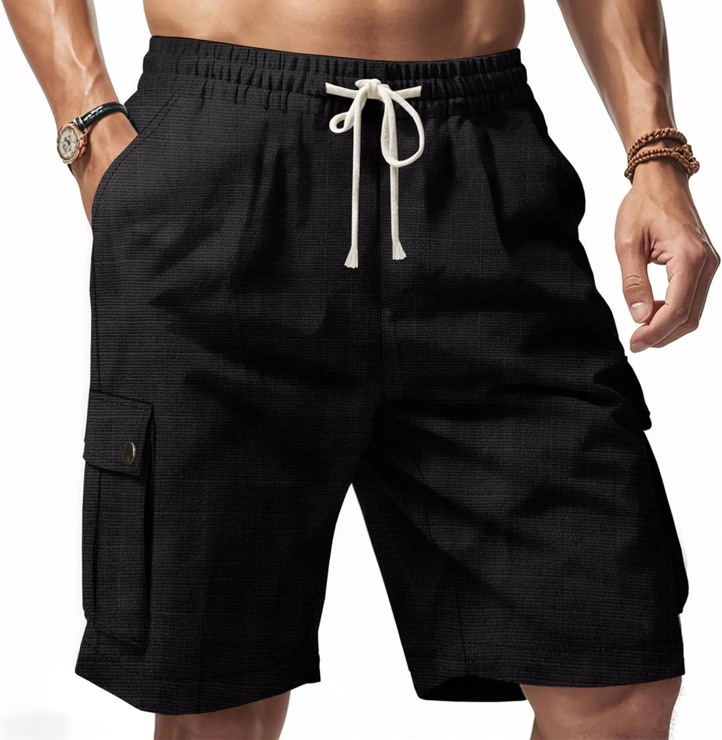 Linen Cargo Pants for Men 2025 Summer Casual Drawstring Elastic Waist Shorts Loose Fit Bermuda Shorts