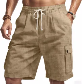 Linen Cargo Pants for Men 2025 Summer Casual Drawstring Elastic Waist Shorts Loose Fit Bermuda Shorts