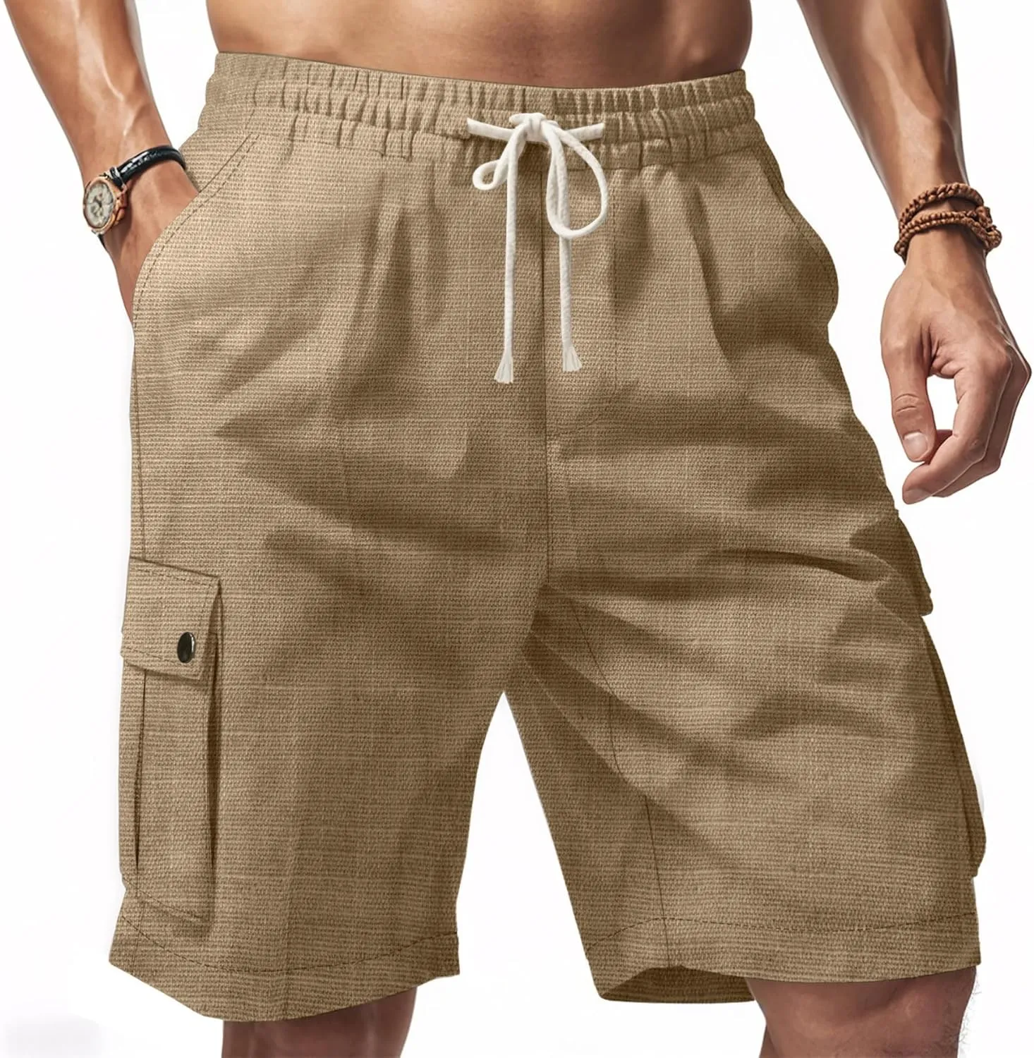 Linen Cargo Pants for Men 2025 Summer Casual Drawstring Elastic Waist Shorts Loose Fit Bermuda Shorts