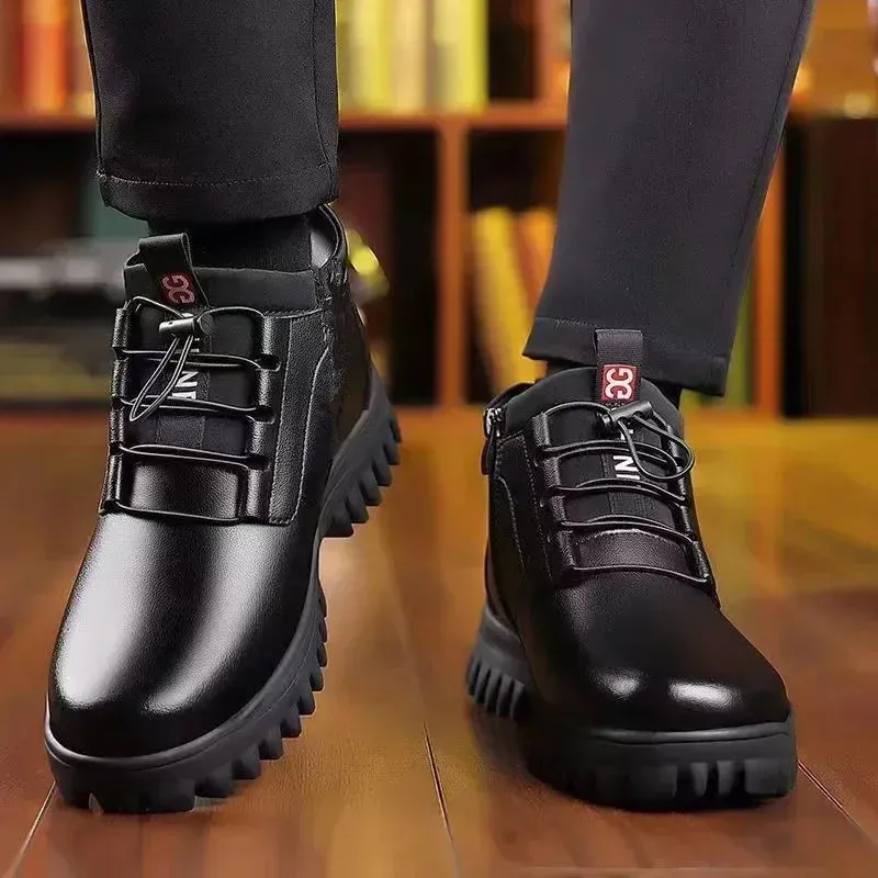 Men's Winter Leather Boots – Plush Warm Anti-Slip Casual Snow Boots, Stylish Outdoor Business Cotton Shoes