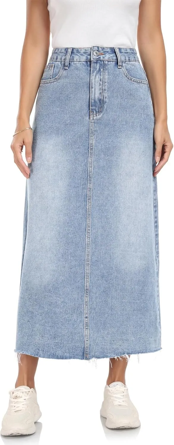 MISS MOLY Women's Jean Skirt Stretch High Waisted Frayed Raw Hem A Line Denim Midi Skirt with Pockets