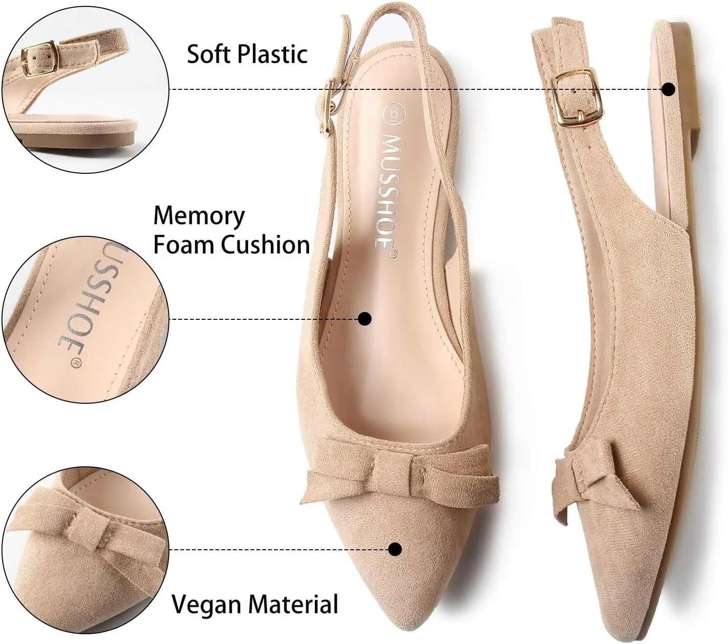 MUSSHOE Slingback Flats for Women Pointed Toe Comfort Womens Flats with Bow