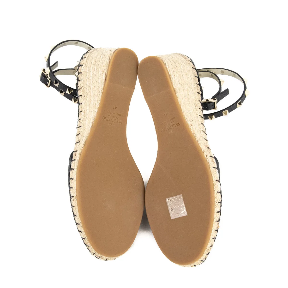 Valentino Black Grained Calfskin Rockstud Ankle Wrap Espadrille Wedges Size US 11 | EU 41