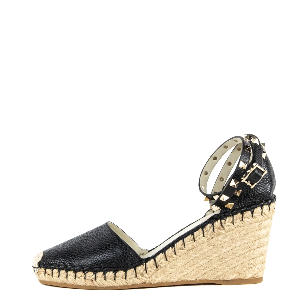Valentino Black Grained Calfskin Rockstud Ankle Wrap Espadrille Wedges Size US 11 | EU 41