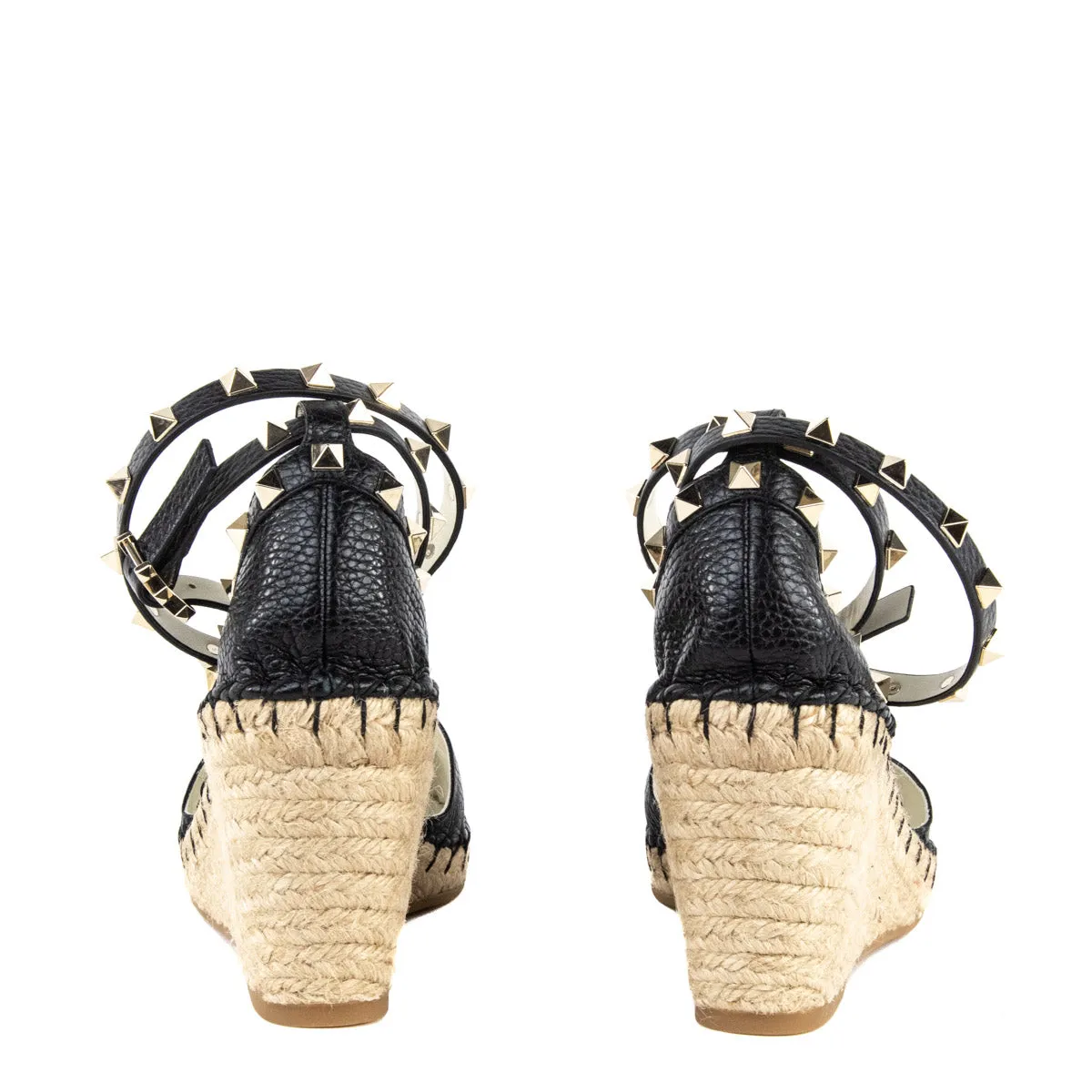 Valentino Black Grained Calfskin Rockstud Ankle Wrap Espadrille Wedges Size US 11 | EU 41