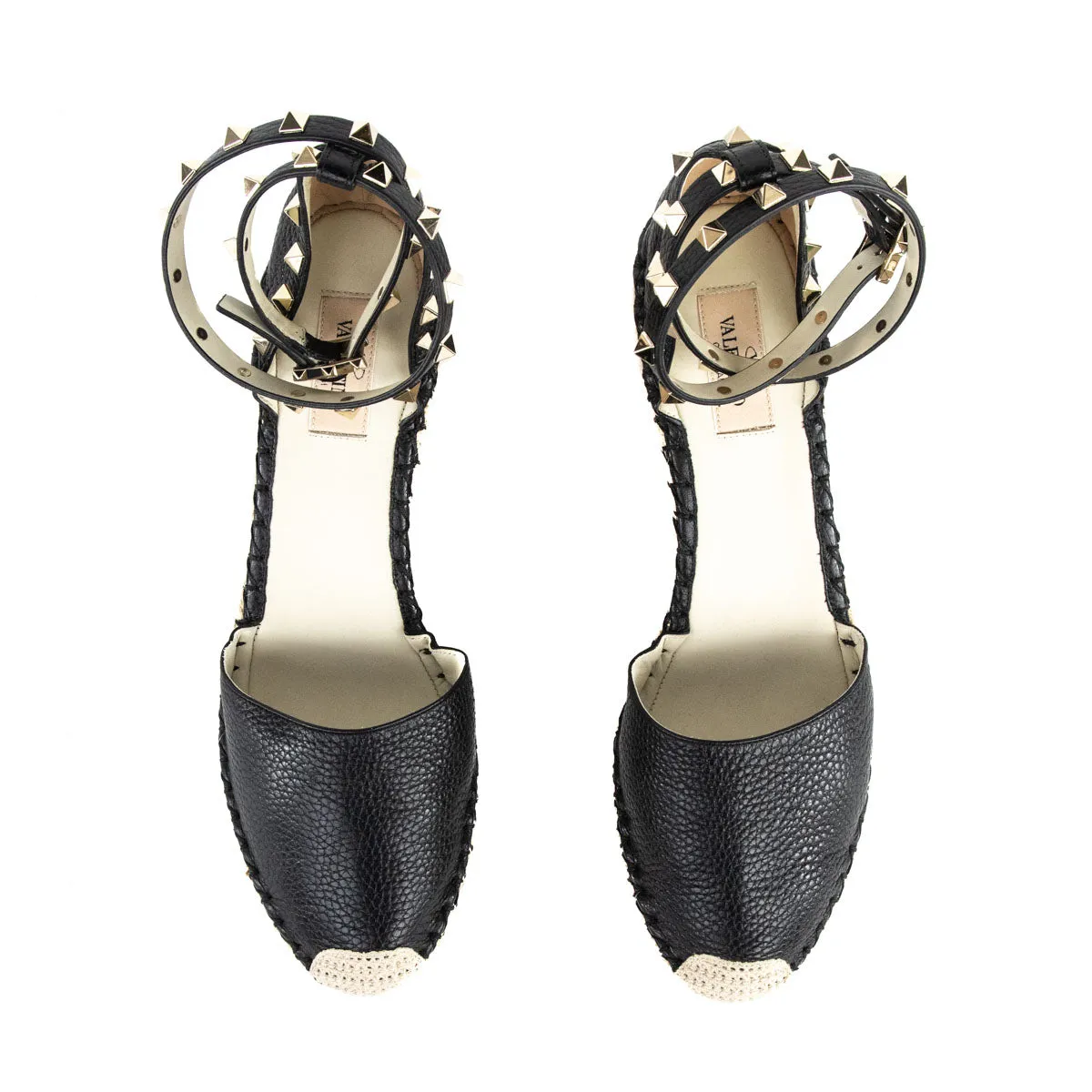 Valentino Black Grained Calfskin Rockstud Ankle Wrap Espadrille Wedges Size US 11 | EU 41