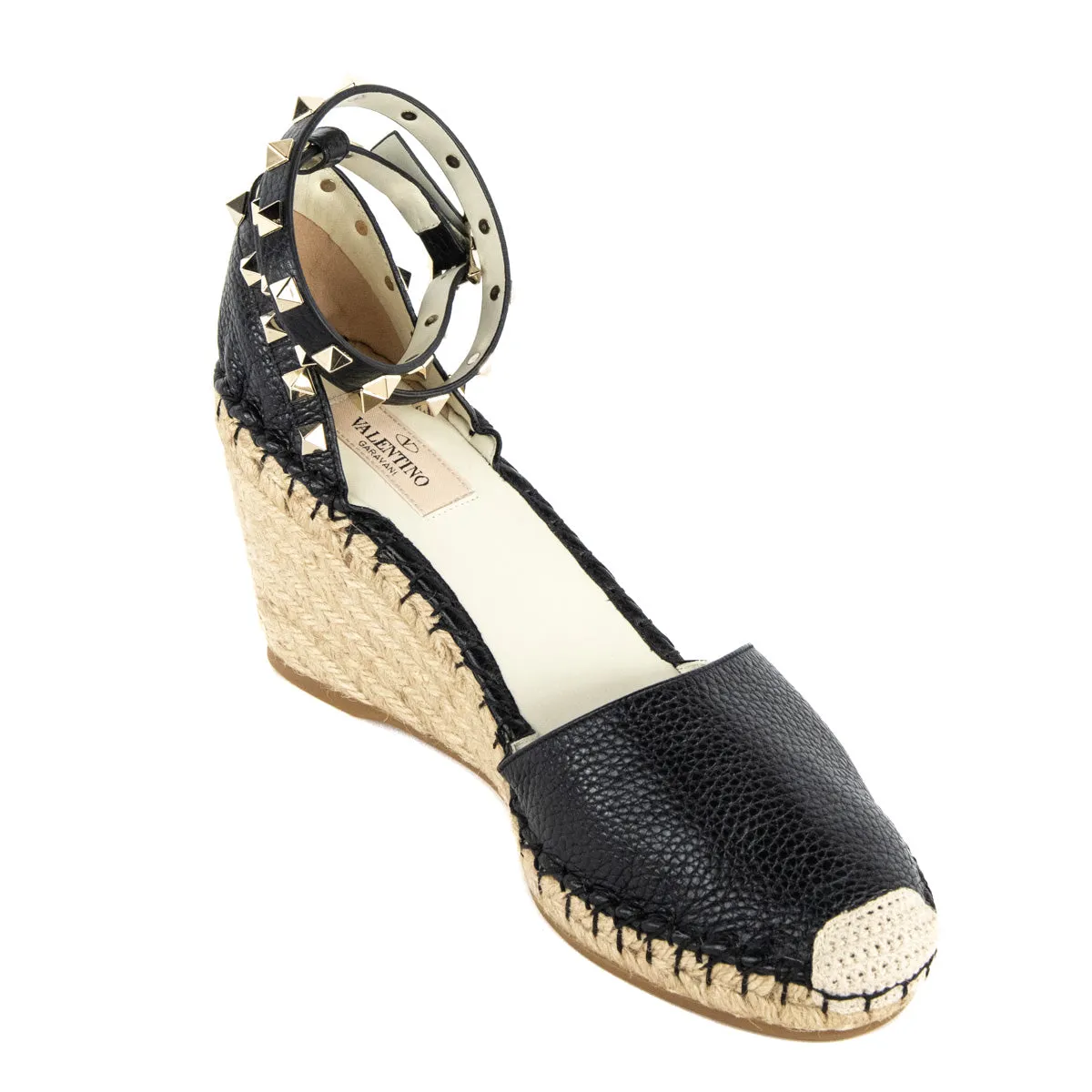 Valentino Black Grained Calfskin Rockstud Ankle Wrap Espadrille Wedges Size US 11 | EU 41