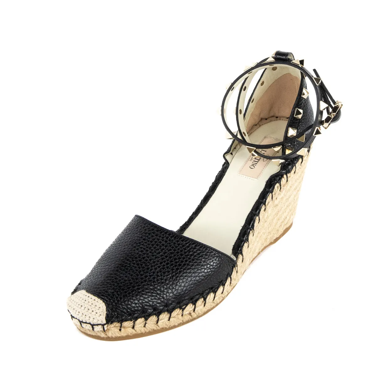 Valentino Black Grained Calfskin Rockstud Ankle Wrap Espadrille Wedges Size US 11 | EU 41